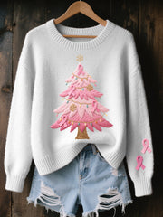 Pull Femme Rose Brodé Arbre De Noël Cozy En Tricot