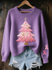 Pull Femme Rose Brodé Arbre De Noël Cozy En Tricot