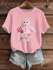 Pull en tricot confortable à motif de chat en laine feutrée pour femme