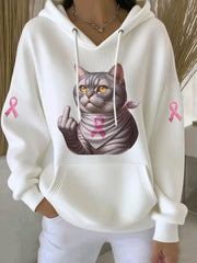 Sweat à Capuche Décontracté Chat Imprimé Ruban Rose pour Femme