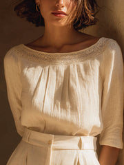 Chemise en lin patchwork en dentelle élégante pour femmes