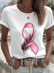 T-shirt femme ruban rose à manches courtes sensibilisation au cancer du sein