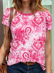 Women's Breast Cancer Awareness Tie-Dye ruban coeur Imprimer T-shirt à manches courtes