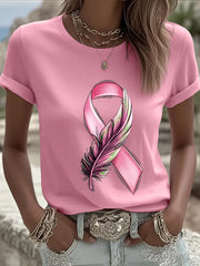 T-shirt femme ruban rose à manches courtes sensibilisation au cancer du sein