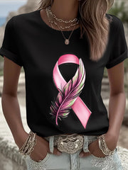 T-shirt femme ruban rose à manches courtes sensibilisation au cancer du sein