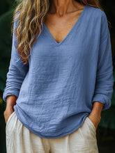 Chemise à col en V en lin de couleur unie simple pour femmes