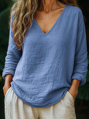 Chemise à col en V en lin de couleur unie simple pour femmes