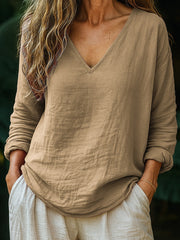 Chemise à col en V en lin de couleur unie simple pour femmes