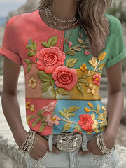 T-shirt Femme Retro Art Floral à manches courtes