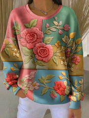 Sweat Femme Rétro Art Floral Côtelé Col Rond