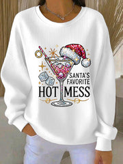 Sweat-shirt décontracté côtelé imprimé Hot Mess préféré du Père Noël pour femmes