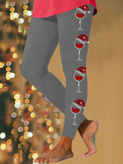 Leggings décontractés à imprimé verre de vin rouge de Noël pour femmes