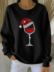 Sweat-shirt décontracté à imprimé de verre de vin rouge de Noël pour femmes