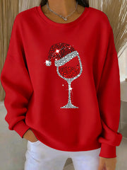 Sweat-shirt décontracté à imprimé de verre de vin rouge de Noël pour femmes