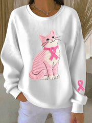 Women's Breast Cancer Awareness Cat Motif Sweatshirt