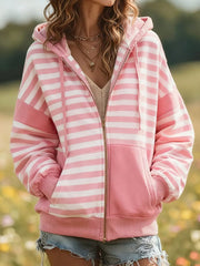 Cardigan à capuche confortable à rayures roses pour femmes