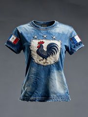 T-shirt à manches courtes Drapeau Français Le Coq Gaulois pour femme