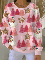 Sweatshirt Femme Père Noël Arbre de Noël Côtelé Col Rond