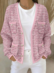 Cardigans Femme Rose Imprimé Géométrique Avec Poche