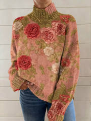 Pull Femme Rose Imprimé Art À Manches Longues