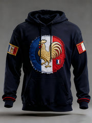 Sweat à capuche surdimensionné à épaules dénudées avec poches pour hommes, drapeau français vintage