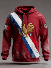 Sweat à capuche surdimensionné à épaules dénudées avec poches pour hommes, drapeau français vintage