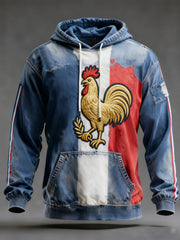 Sweat à capuche surdimensionné à épaules dénudées avec poches pour hommes, drapeau français vintage