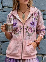 Manteau zippé imprimé floral sensibilisation au cancer du sein pour femmes