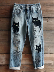 Pantalon décontracté à imprimé chat Halloween pour femmes