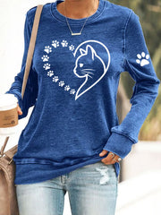 Femmes Mignon Cat Paws Coeur Imprimer Cat Lovers Casual Sweatshirt