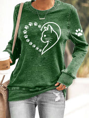 Femmes Mignon Cat Paws Coeur Imprimer Cat Lovers Casual Sweatshirt