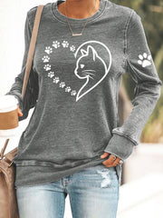 Femmes Mignon Cat Paws Coeur Imprimer Cat Lovers Casual Sweatshirt