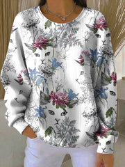Sweat-shirt Femme Côtelé Imprimé Chat Floral à Col Rond