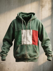 Le drapeau italien des hommes Patchwork Art Vintage lavé Cardigan à capuche