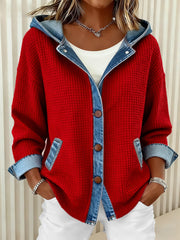 La mode des femmes Patchwork Design Waffle Cardigan à capuche