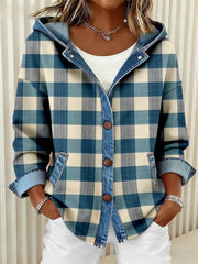 Cardigan à capuche motif patchwork art bleu pour femmes