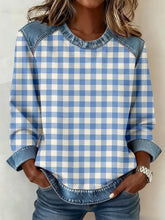 Femmes Simple Plaid Motif Denim Patchwork Sweatshirt