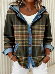 Vintage Plaid Pattern Patchwork Art Cardigan à capuche pour femmes