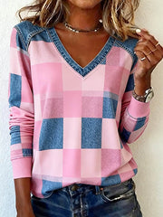 Mode pour femmes Motif à carreaux Patchwork Art V-Neck Top