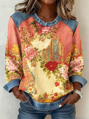 Women's Breast Cancer Awareness Floral 3D Imprimer Denim Sweatshirt