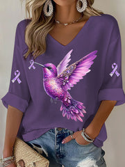 T-shirt Décontracté Femme Violet Imprimé Colibri