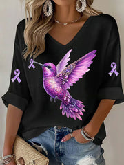 T-shirt Décontracté Femme Violet Imprimé Colibri