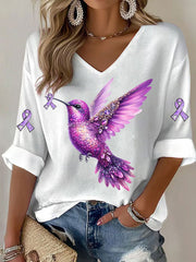 T-shirt Décontracté Femme Violet Imprimé Colibri