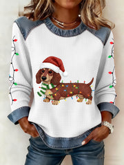Femmes Lumières de Noël Teckel Imprimer Casual Denim Patchwork Top