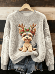 Pull en flanelle décontracté pour femmes, imprimé mignon de chien de Noël