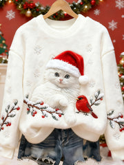 Mignon Noël Chat Art Imprimer Flanelle Casual Sweatshirt