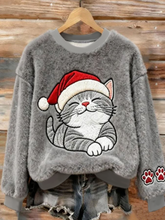 Sweat-shirt en flanelle art chat mignon de Noël pour femmes