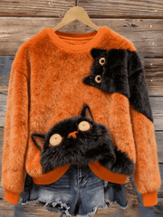 Sweat à Capuche Femme Noir Imprimé Chat En Flanelle