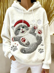 Mignon de Noël Cat Art Print Casual Flanelle Hoodie des femmes
