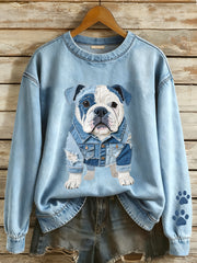 Femmes Denim Patchwork Art Français Bulldog Motif Sweatshirt